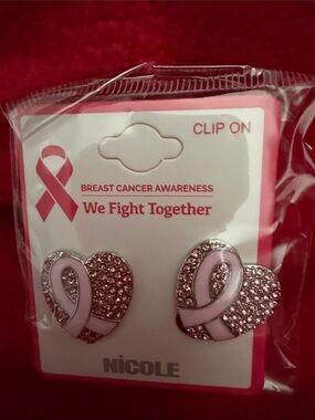 Breast, cancer awareness - Nicole Pink Ribbon Heart Clip-On Earrings